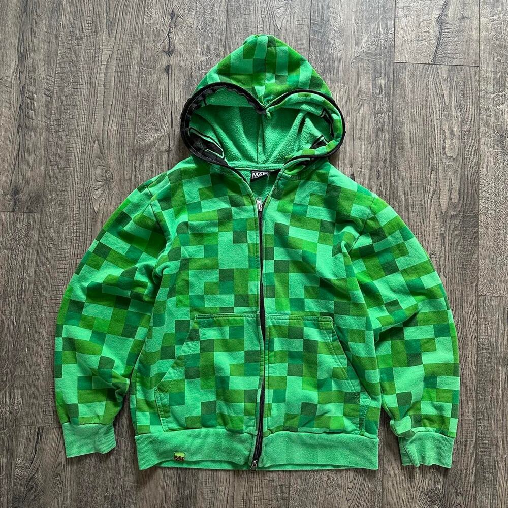 Vintage Y2K Full Zip Green Minecraft Plaid Print Hoodie Sweatshirt